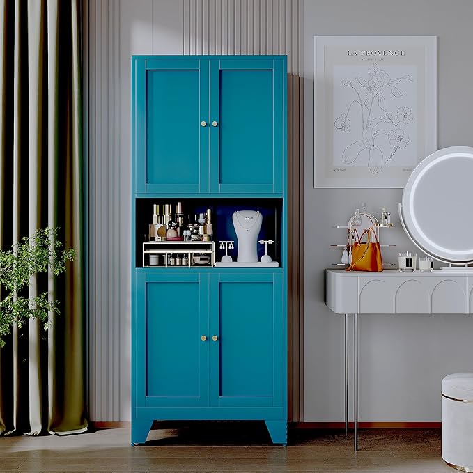 69" Tall Metal Kitchen Pantry Storage Cabinet with Microwave Stand | White | Modern Freestanding Food Buffet Cabinet | Kitchen Hutch | Coffee Bar Hutch for Dining & Living Room