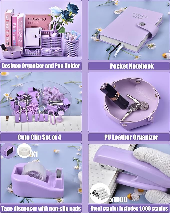 Purple Desk Accessories, 26Pcs Office Supplies and Desk Organizers, with Tape Dispenser, Stapler, Staple Remover Ect, Christmas Gifts