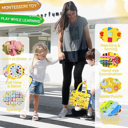 Esjay Toddler Busy Board Montessori Toys for Boys Girls, Sensory Book Educational Activities for Learning Fine Motor Skills, Birthday Gifts for Toddlers, Travel Toys for Airplane Car, Yellow Truck