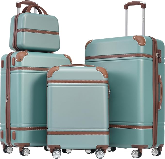 Merax Luggage Set, 3 Piece Luggage with Cosmetic Case, Vintage Hardcase Suitcase with Wheels, Expandable Luggage Airline Approved(Blue Green,20"+24"+28")