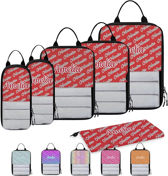 Custom 6 Set Compression Packing Cubes with Name Personalized Compressible Expandable Packing Organizers Luggage Carry On Suitcase Bags Travel Accessories Gifts, Deep Red