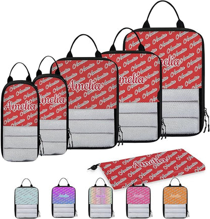 Custom 6 Set Compression Packing Cubes with Name Personalized Compressible Expandable Packing Organizers Luggage Carry On Suitcase Bags Travel Accessories Gifts, Deep Red