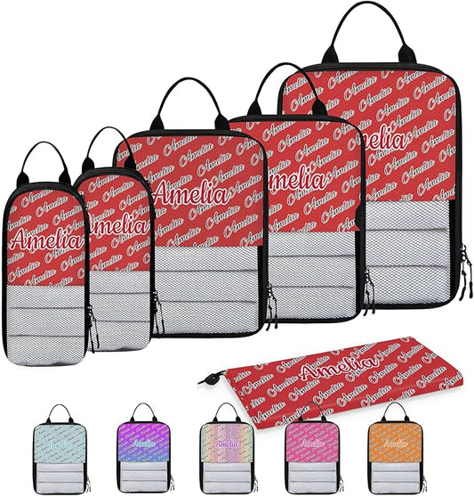 Custom 6 Set Compression Packing Cubes with Name Personalized Compressible Expandable Packing Organizers Luggage Carry On Suitcase Bags Travel Accessories Gifts, Deep Red