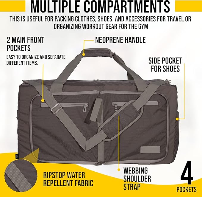 LEGEND 40L Foldable Duffle Bag for Travel - Packable Duffle Bags w/Shoe Compartment - Tear Resistant Collapsible Duffel Bags for Traveling - Lightweight Folding Duffel Bag for Men & Women -Chocolate