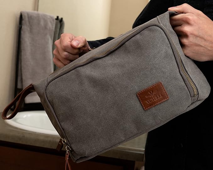 Vetelli Vintage Canvas Toiletry Bags, Travel In Style, Waterproof Canvas Dopp Kits, Durable (Messner) (Light Gray)