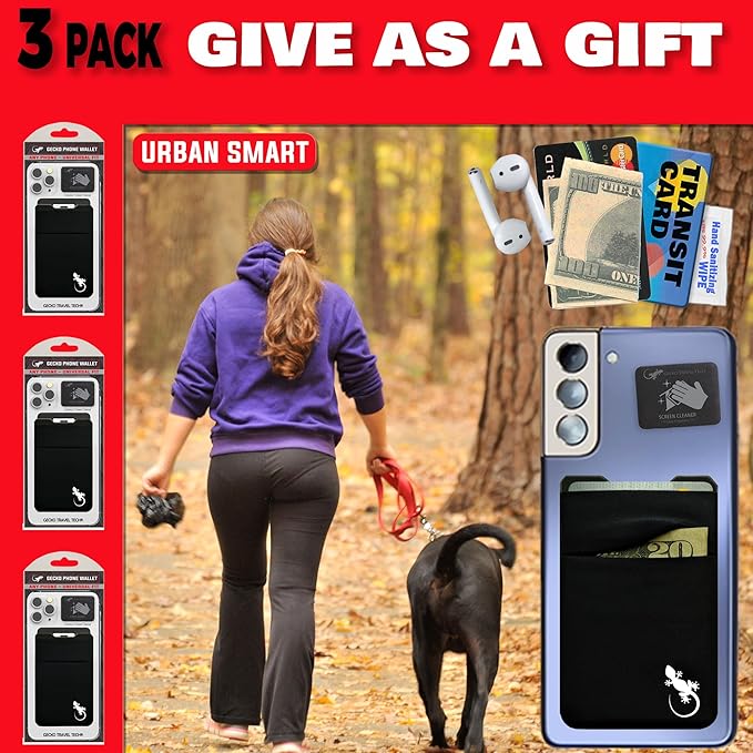 Gecko Travel Tech Double Pocket - Adhesive Card Holder - Cell Phone Pouch - Stick on Spandex Pocket - Carry Credit Cards and Cash (3 PACK - BLACK WHITE)