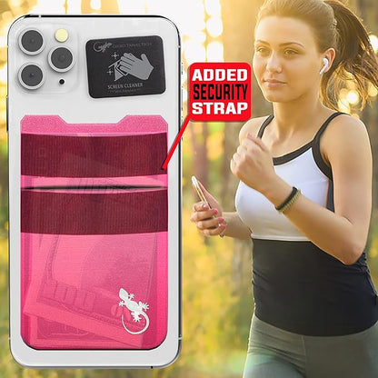 Gecko Travel Tech Double Pocket - Adhesive Card Holder - Cell Phone Pouch - Stick on Spandex Pocket - Carry Credit Cards and Cash (PINK-WHITE)