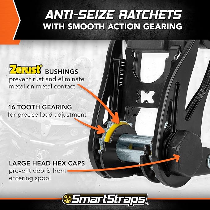 SmartStraps 14’ CamoX Ratchet Straps, 4 Pack – 3,000lbs Break Strength, 1,000lbs Safe Work Load – Premium Duty Tie Downs for Heavier Loads, Orange Camo Webbing