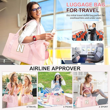 Dance Gym Duffel Bag for Teen Girls, Personalized Initial Travel Weekender Bag,Cute Overnight Carry On Duffle for Women,Sports Travel Cheer Bag,Monogram Christmas Gifts for Tween Preppy(pink-N)