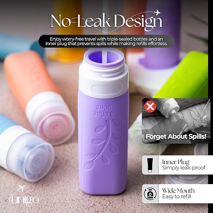 unigo Travel Bottles For Toiletries, 5-pack 3.oz TSA Aprroved Travel Size Bottles, Containers For Toiletries, BPA Free, Leak Prrof, Refillable Containers Bottles (Multicolor B)