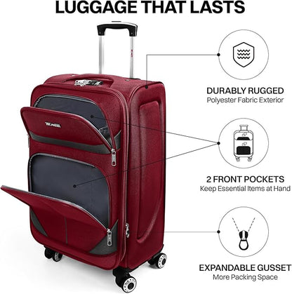20" Luggage, Softside Suitcase with LOCK,Expandable Luggage w/Double Spinner Wheels, Lightweight Rolling Suitcases for Travel Carry On Luggage（Burgundy-Grey,20in）
