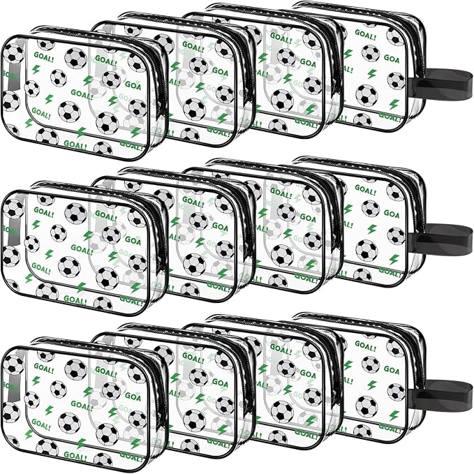 12 PCS Soccer Gift Accessories Bags Soccer Cosmetic Bags Goodie Snack Makeup Pouch Bag Waterproof Clear PVC Travel Bag with Zipper for Girls Team Gifts Valentine Player Sport Party Favors