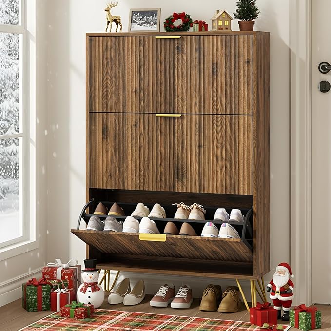 Shoe Cabinet with 3 Flip Drawer, Mid Century Shoe Cabinet Storage for Entryway Slim, Hidden Shoe Storage Cabinet, Freestanding Shoes Rack Organizer for Entryway, Walnut
