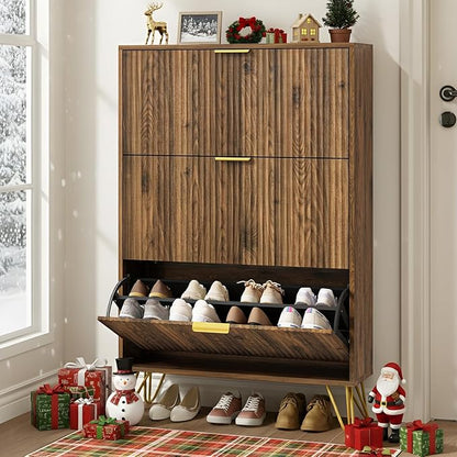 Shoe Cabinet with 3 Flip Drawer, Mid Century Shoe Cabinet Storage for Entryway Slim, Hidden Shoe Storage Cabinet, Freestanding Shoes Rack Organizer for Entryway, Walnut