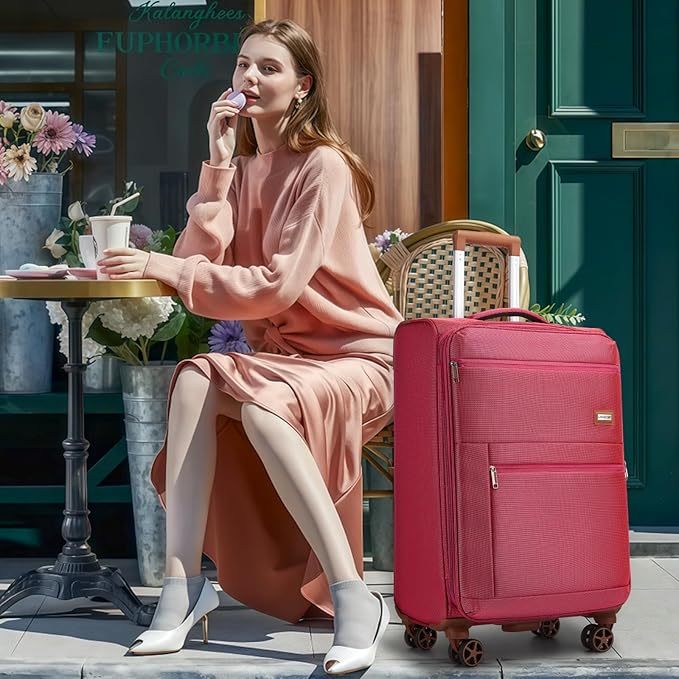 LARVENDER Luggage Sets 4 Piece, Softside Carry On Luggage Suitcase Set with 360° Spinner Wheels for Women Men(28/24/20/18) Rose Red