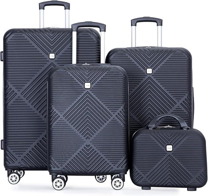 Luggage 4 Piece Set, Hardshell ABS Suitcase Set with Double Spinner Wheels, Lightweight Suitcase, Carry On and Checked Travel Luggage,Dark Black