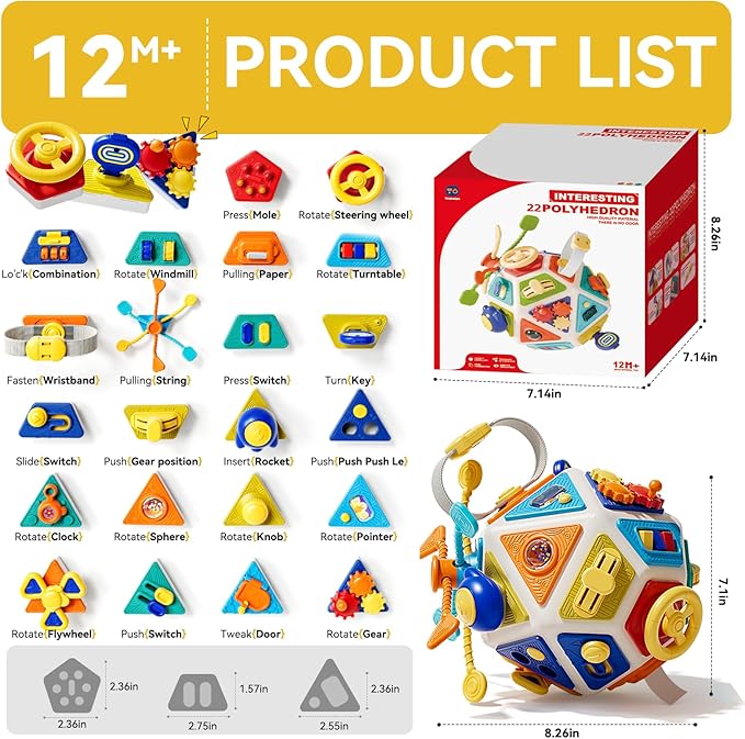 22 in 1 Montessori Busy Board, Toddler Activity Cube Toys, Early Education Toys for Baby, Travel Sensory Toy for 1 2 3 Years Old Kids Boys & Girls