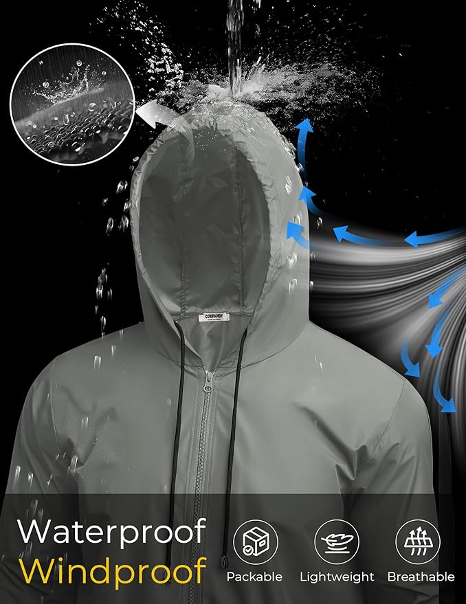 COOFANDY Mens Packable Rain Jacket Lightweight Waterproof Raincoat with Hood Outdoor Rain Gear Travel Hiking Cycling