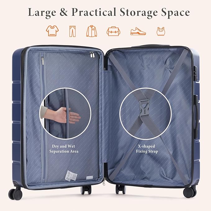 Sweetcrispy Carry on Luggage, Hard Shell ABS Suitcase with Double Spinner Wheels, Lightweight Expandable Rolling Suit Case with TSA Lock, 21 Inch Navy Blue