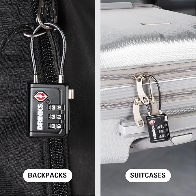Brinks TSA Accepted Indicator Luggage Lock, Black - Resettable 3-Dial Combination, 1.5 inch Long Cable Shackle, New More Secure TSA008 Key, 2 Pack