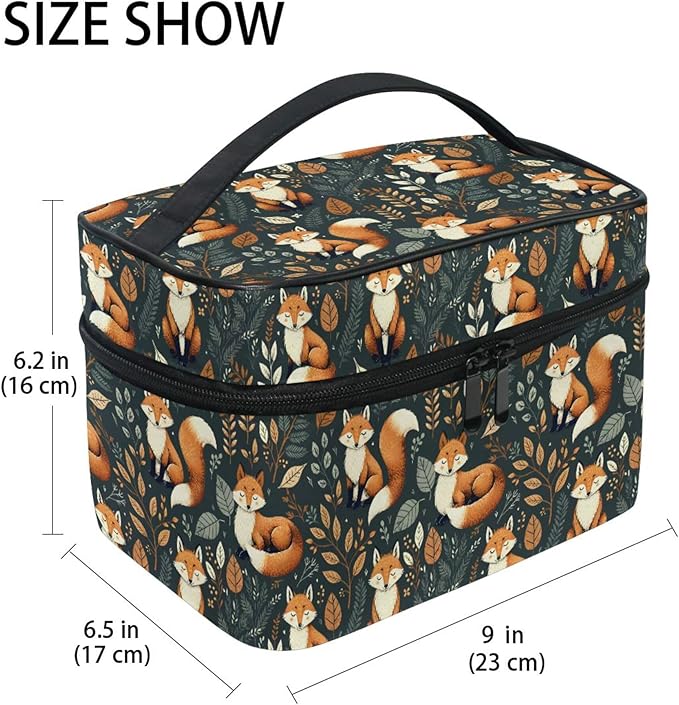 MNSRUU Makeup Bags, Fox and Leaves Makeup Organizer Bags Toiletry Bag Box Travel Cosmetic Bag Make Up Train Case for Women Teen Girl Ladies