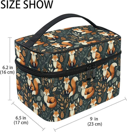 MNSRUU Makeup Bags, Fox and Leaves Makeup Organizer Bags Toiletry Bag Box Travel Cosmetic Bag Make Up Train Case for Women Teen Girl Ladies