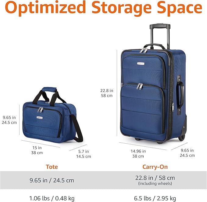Amazon Basics Luggage Sets, Carry-On 23-Inch, tote 15-Inch, Suitcase With Wheels, Expandable Extra Space (+15%), Front Pockets and Telescopic Handle, Navy Blue