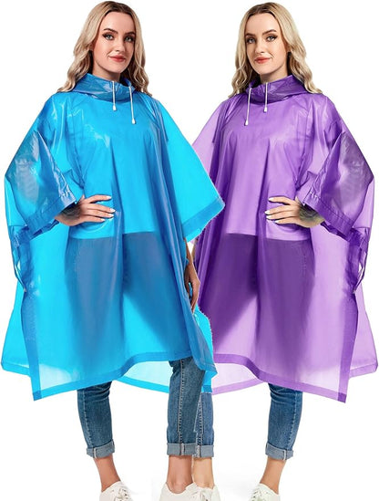 2 Pack Rain Ponchos for Adults Reusable - Raincoats Survival Emergency Heavy Duty Rain Coat with Drawstring Hood