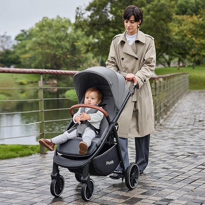 Tinyiota Stroller for Babies,Toddler Strollers with Large UPF 50+ Canopy,Luxury Baby Stroller with Leather Handle & Spacious Seat, One-Hand Foldable Pushchair,Baby Carriage with Lie-Flat Mode(Gray)