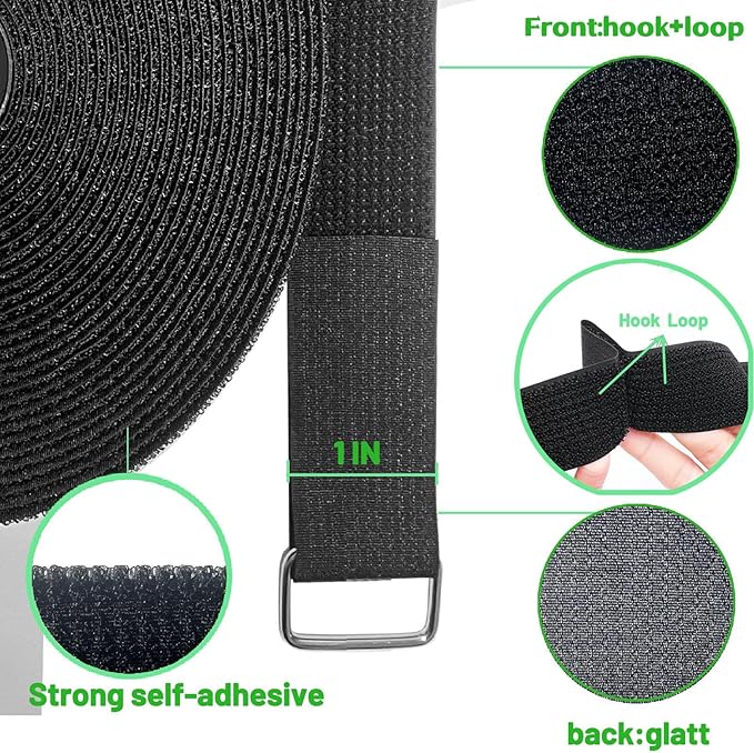 1inx32ftHook and Loop Cable Straps with 50 Metal Buckles, Adjustable Fastening Straps, Reusable Free Cut Length Cord Straps