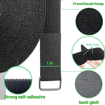 1inx32ftHook and Loop Cable Straps with 50 Metal Buckles, Adjustable Fastening Straps, Reusable Free Cut Length Cord Straps