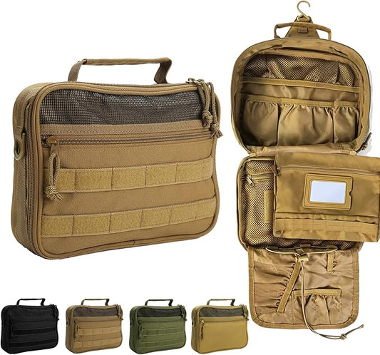 Tactical Toiletry Bag for Men, Travel Hanging Toiletry Bags, Toiletries Organizer Dopp Kit, Travel Cosmetic Bag,Shaving Hygiene Bag, Bathroom Essentials Men's Toiletry Bag for Camping - Khaki