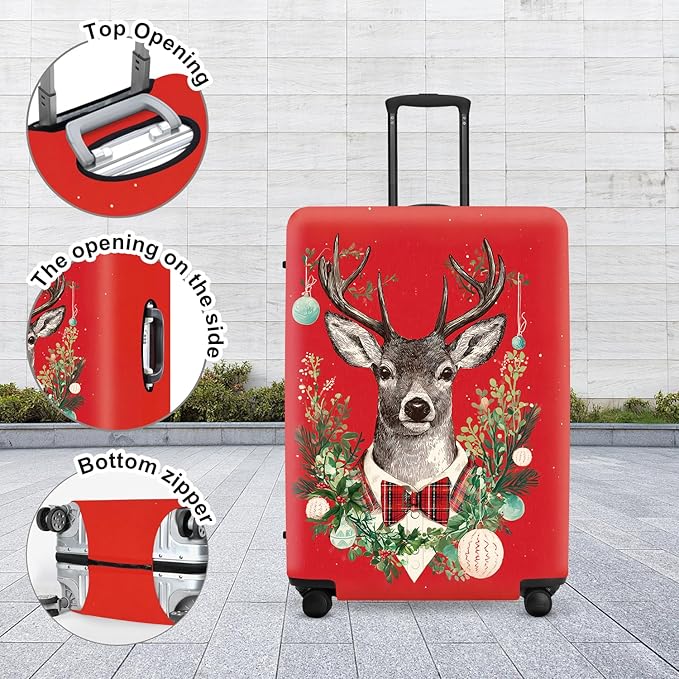 Reindeer Christmas Luggage Cover - Red Background with Wreath and Ornaments, Elegant Holiday Suitcase Protector for 18 20 22 Inch Travel