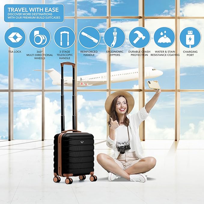 Flight Knight Carry On Suitcase 18x14x8 Hardside Built In TSA Lock & USB Port Lightweight Luggage Silent Double Spinner Wheels Maximum Underseat Carry-On Bag For American & United Approved Airlines