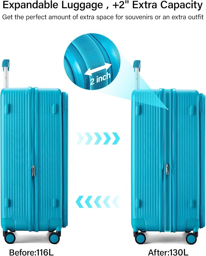 Hanke Expandable 28 Inch Luggage with Spinner Wheels Top Opening Travel Luggage Hard Shell Rolling Suitcases Large Lightweight Checked Luggage with Cup Holder(Caribbean Blue)