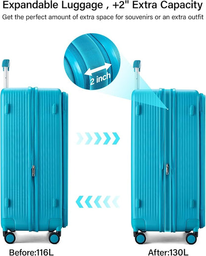 Hanke Expandable 28 Inch Luggage with Spinner Wheels Top Opening Travel Luggage Hard Shell Rolling Suitcases Large Lightweight Checked Luggage with Cup Holder(Caribbean Blue)
