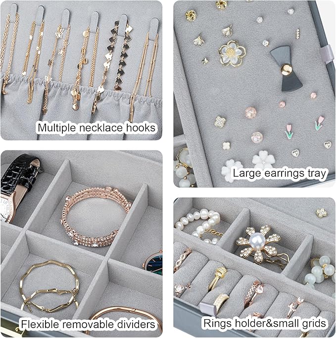 Travel Jewelry Case Large Jewelry Box Jewelry Travel Organizer Jewelry Case with Handle Removable Tray Best Gift for Women Girls (Grey)