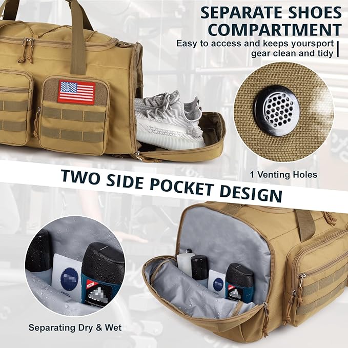 Tactical Gym Bag for Men，70L Large 3 in 1 Sports Duffle Bag with Shoes Compartment for Travel,Water Resistant Travel Backpack Weekender Overnight Bag with Wet Pocket for Women