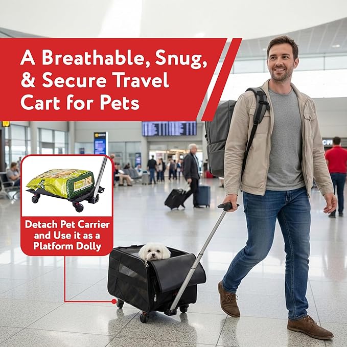 dbest products Smart Cart Pet Carrier with Wheels, Airline Approved Dog and Cat Carrier with Telescoping Handle, 21x12x12in, 24 lb Capacity, Black