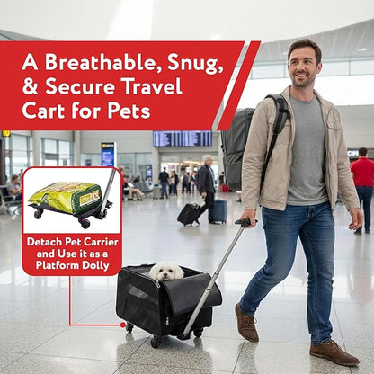 dbest products Smart Cart Pet Carrier with Wheels, Airline Approved Dog and Cat Carrier with Telescoping Handle, 21x12x12in, 24 lb Capacity, Black