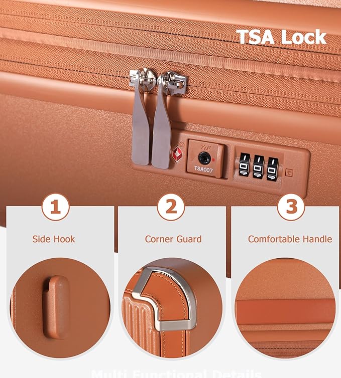 feilario 20in Hardshell Carry-On Luggage Lightweight Spinner Brake Wheels Suitcase with Zipper Closure, Airline Approved, TSA-Accepted Lock & Side Hooks (Brown (zipper closure), 20in)