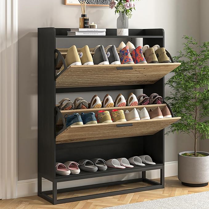 Spaco Shoe Cabinet for Entryway,Narrow Shoe Storage Cabinet with 2 Flip Drawers,Slim Hidden Shoe Rack Organizer with Metal Leg for Hallway