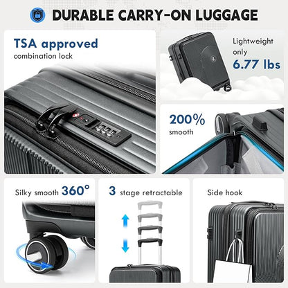 RAINSMORE Carry on Luggage Airline Approved, 20 Inch Expandable Hard Sided Carry on Suitcase with Spinner Wheels, Hard Shell Small Rolling Travel Luggages for Women Men with Tsa Lock, Grey