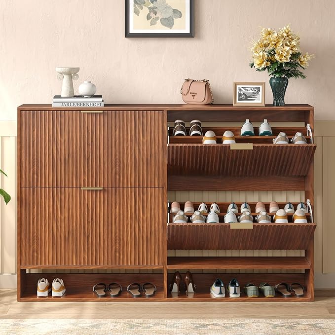 47.2''W Walnut Shoe Storage Cabinet for Entryway with 4 Flip Drawers, Fluted Slim Shoe Cabinet, Free Standing Wooden Shoes Organizer for Foyer, Hallway