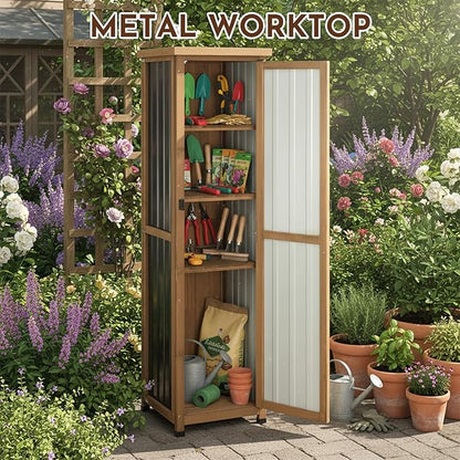 62" Tall Narrow Storage Cabinet Wood & Metal, Garden Slim Cabinet Freestanding with Adjustable Shelves for Small Spaces,Kitchen,Tool Organizer,Cleaning Supplies,Towel Storage