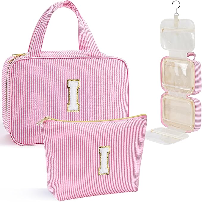 YOOLIFE Travel Toiletry Bag for Women - Hanging Toiletry Bag Initial Makeup Bag, Portable Toiletries Cosmetic Bag, Airplane Travel Essentials - Letter I, Pink