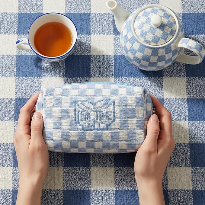 48 PACK Checkered Makeup Bag- Bulk Bridesmaid Proposal Gifts Makeup Pouch for Wedding Party Favors Bachelorette Party Decorations Toiletry Organizer Bag Cosmetic Case Gift (Blue)