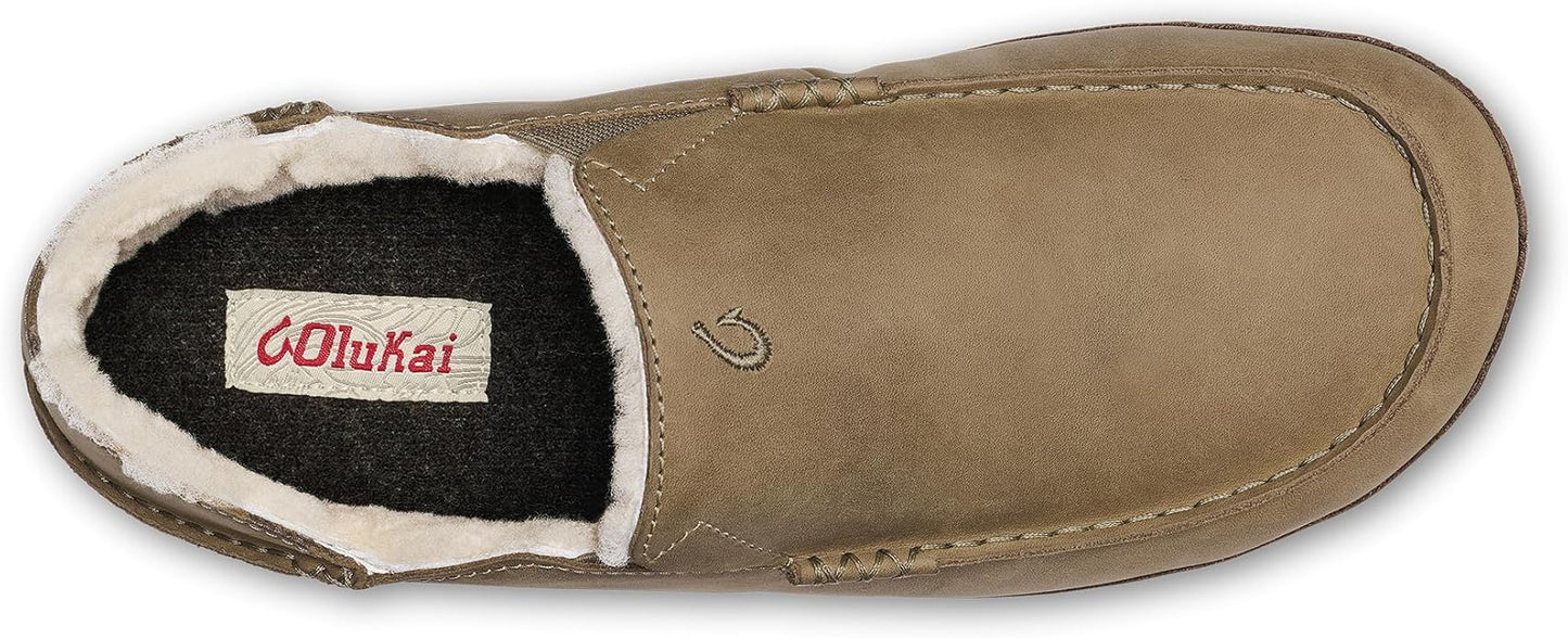 OLUKAI Moloa Slipper, Men's Premium Leather Slip-On Shoes, Soft Genuine Shearling Lining & Gel Insert, Drop-In Heel & All-Day Comfort