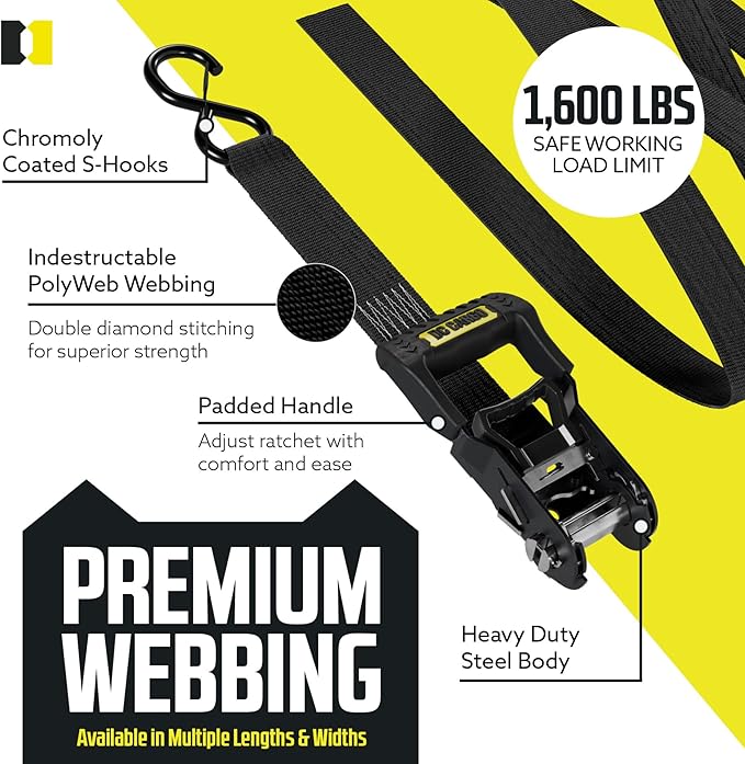 DC Cargo Mall Ratchet Straps Tie Downs 4 Pack (5,000 LB Break Strength) 1.5" x 15 Feet Tie Down Straps with Safety Lock S Hooks for Cargo, Trucks, Appliances, Moving.