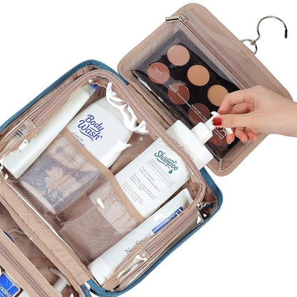 NISHEL Travel Toiletry Bag for Women, Makeup Essentials Organizer, Hanging Case for Accessories, Cosmetics, Large Size, Lake-Blue